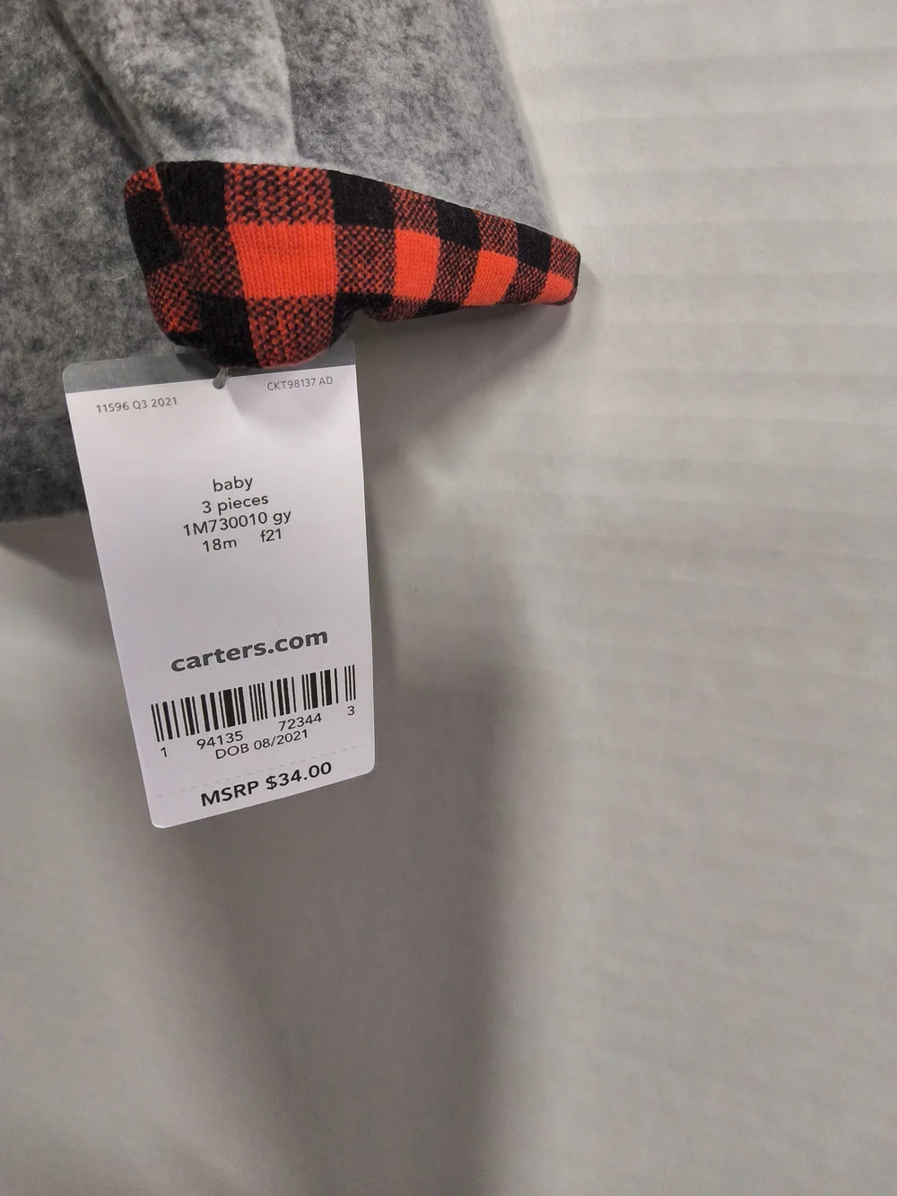 Carter's 3 Piece Size 18 Months Gray and Red Plaid Trim Baby Set